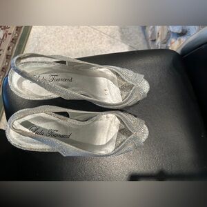 Silver glitter stiletto heels.